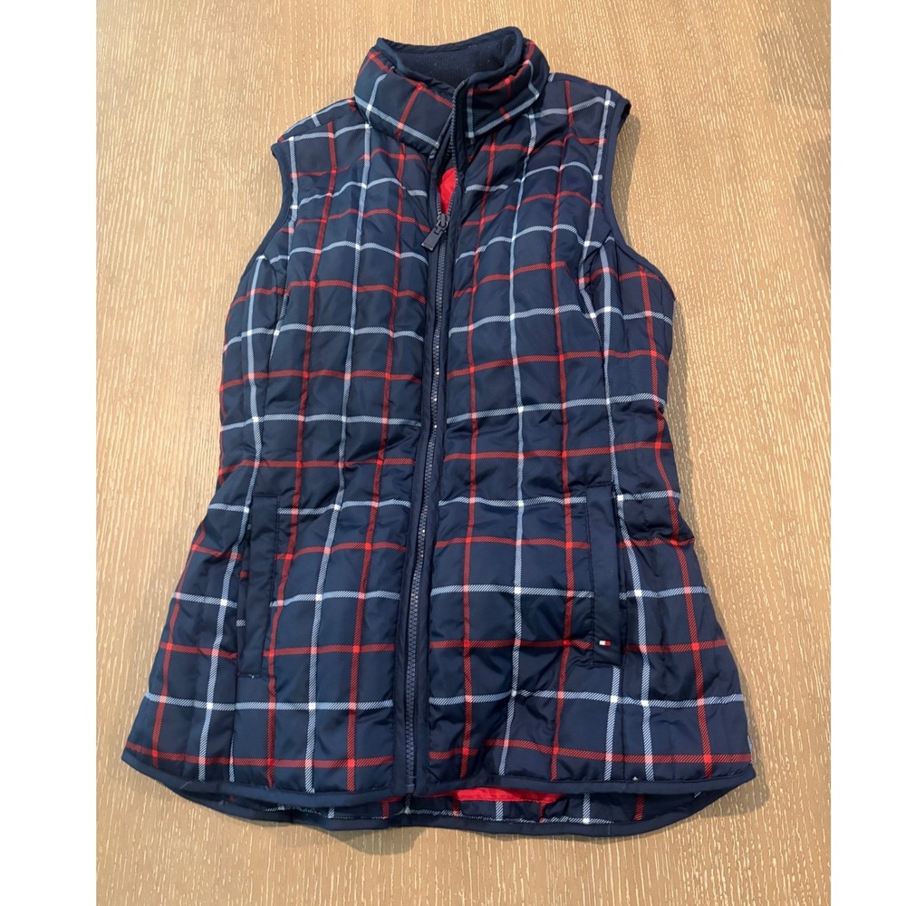 Tommy Hilfiger Women's Medium Navy Plaid Quilted Puffer Vest Full Zip EUC